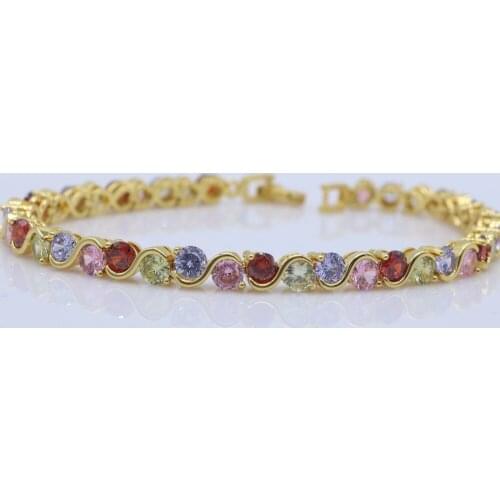Round Cut Zircon Paved Multicolor Bracelet Wrist Chain Yellow Gold Filled Fashion Womens Girls Luxury Briallant Bracelet Gift
