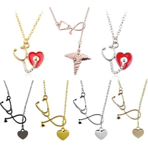 8 Styles Medical Equipment Jewelry Stethoscope Necklace Lariat Heart Shape Enamel oil Medical Necklaces for Women Nurse Gifts