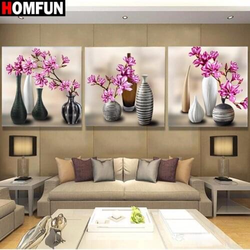 HOMFUN 3pcs Full Square/Round Drill 5D DIY Diamond Painting "Flower bottle" Multi-picture Combination Embroidery 5D Decor A27518