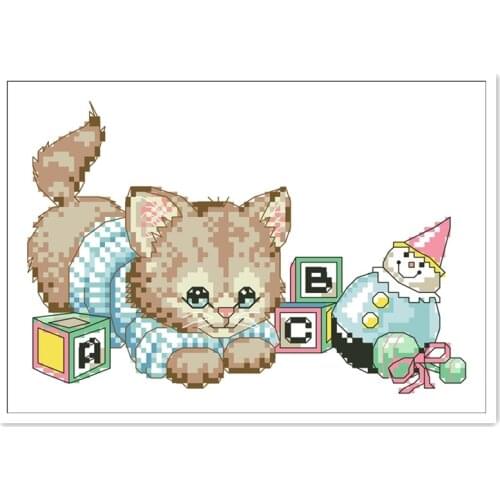 Cat baby cross stitch package flower bird with key 18ct 14ct 11ct white cloth cotton thread embroidery DIY handmade needlework