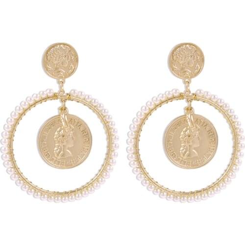 SZELAM New 2121Fashion Geometric Round Gold Coin Metal Imitation Pearl Earrings Women Retro Earrings Earrings
