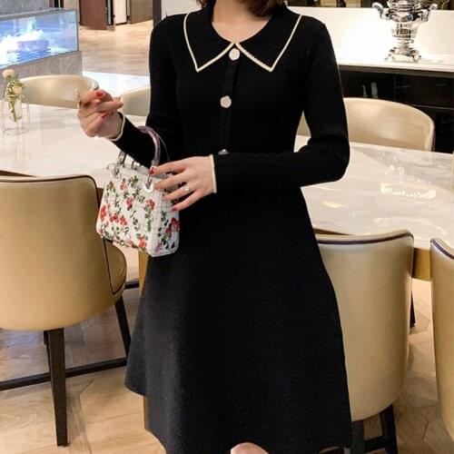 Winter New Doll Collar Long-sleeved Solid High Waist Knitting Dress Women Elegant Fashion Korea Style Slim A-line Dress