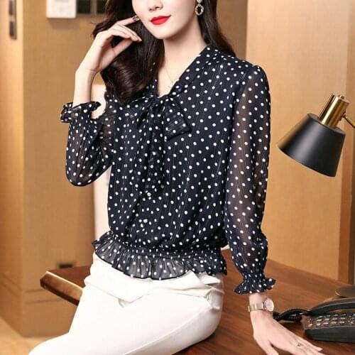 New 2021 spring wave point silver line bright silk chiffon shirt womens V-neck ribbon bow large womens 211003