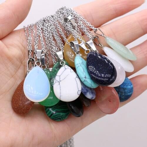 16x24mm Natural Agates Rose Quartzs Crystal Pendant Necklace Drop Shape Tiger Eye Opal Charm Choker Necklaces Womens Jewelry