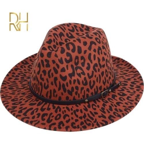 Simple Unisex Flat Brim Fake Wool Felt Jazz Fedora Hats Men Women Leopard Grain Leather Band Decor Trilby Panama Formal Hats RH