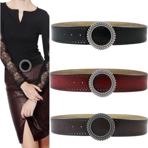 Fashion Women Vintage Hollow Genuine Leather Wide Belt Metal Beads Round Buckle Decorative Belts For Dress Waistband For Jeans