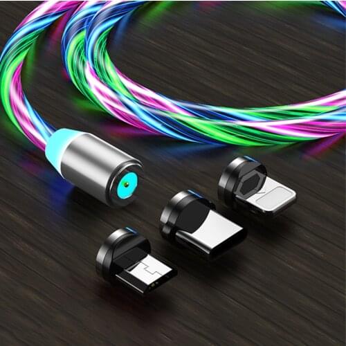 LED Magnetic Charging Cable 1M/2M Micro USB Type C Charge Cord Flow Luminous Lighting Data Cable For iPhone Huawei Samsung Kable