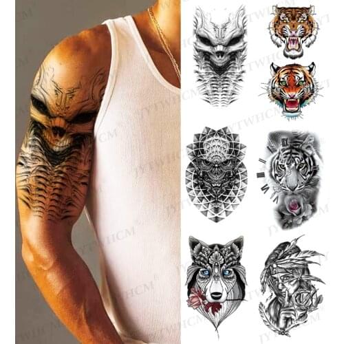 Dragon Tattoos Temporary Waterproof Stickers Body Art Arm Tiger Lion Wolf Fake Skeleton Flash Black Cool Tattoo Sticker for Men