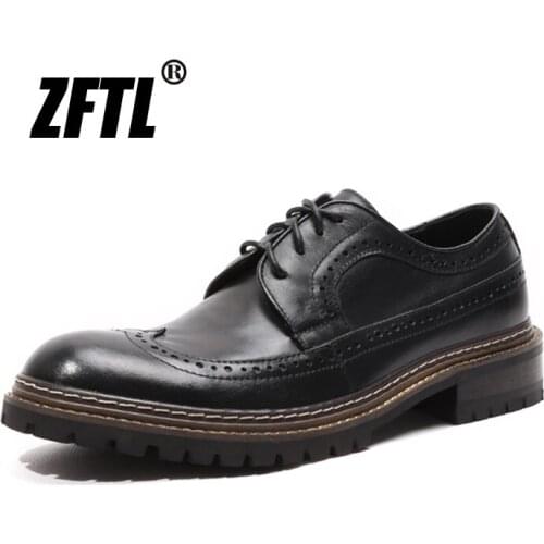 ZFTL Mens Dress shoes retro Goodyear shoes Man Brogue Lace up shoes Male Carving Genuine Leather Handmade Oxford Business shoes