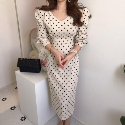 Corduroy Vintage Elegant Polka Dot Women Long Dress 2020 New Fashion Long Sleeves Dresses V Neck Slim Lace Up Vestidos 994D