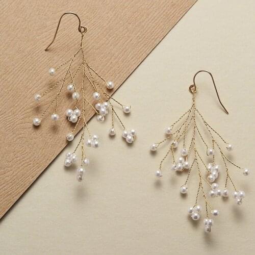 Twisted Branch With Pearl Accents Dangle Earrings Unique Copper Wire Gold Color Tree Imitation Pearl Handmade Jewelry Earrings