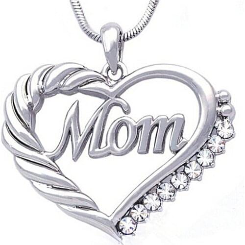 Mothers Day Jewelry Customize Metal Alloy Diamond Rhinestone Open Hollow Heart Mom Necklace