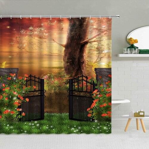 Dream Forest Landscape Shower Curtain Mushroom House Red Rose Polyester Fabric Bathroom Supplies Decor Hanging Curtains Washable