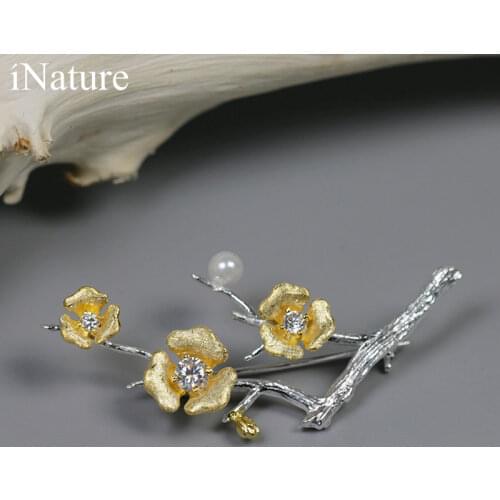 INATURE 925 Sterling Silver Plum Blossom Flower For Women Coat Badge Jewelry Accessories