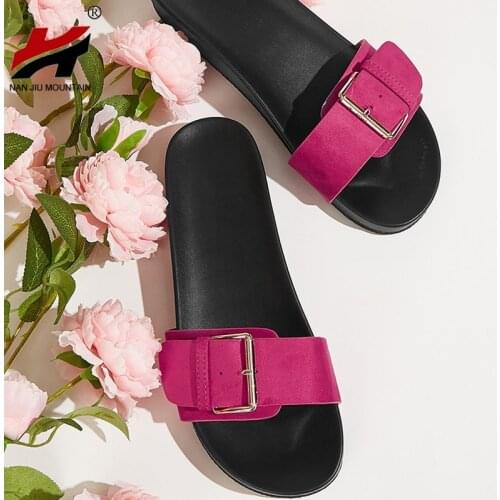 NAN JIU MOUNTAIN Summer Women Sandals Flat Slippers Simple Square Buckle Slippers Beach Slippers Comfortable Soft Bottom
