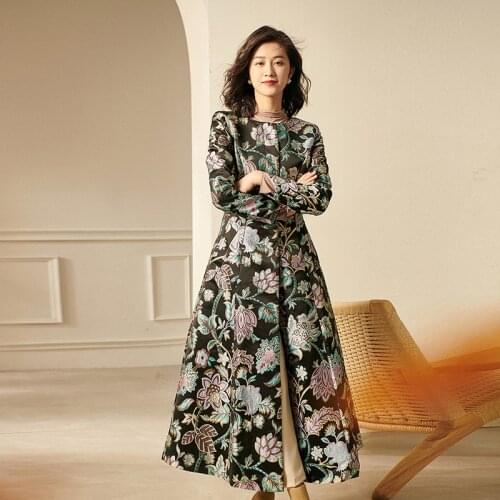 2021 Spring Fall Vintage Womens Dobby Floral Pattern Long Trench Coat , Autumn Woman 3xl Clothes Luxury Windbreaker Coats