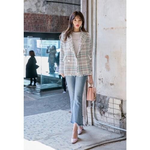 Fall 2020 Women New Korean Style Coat Long Sleeve Plaid Double Breasted Casual Notched Coat