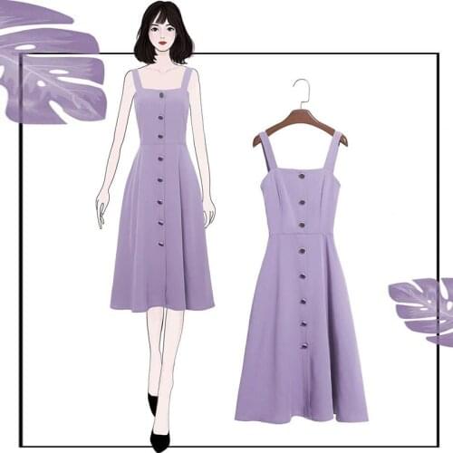 French ice silk sling dress female 2021 summer new Korean style high waist single-breasted decorative elegant mid-length dress