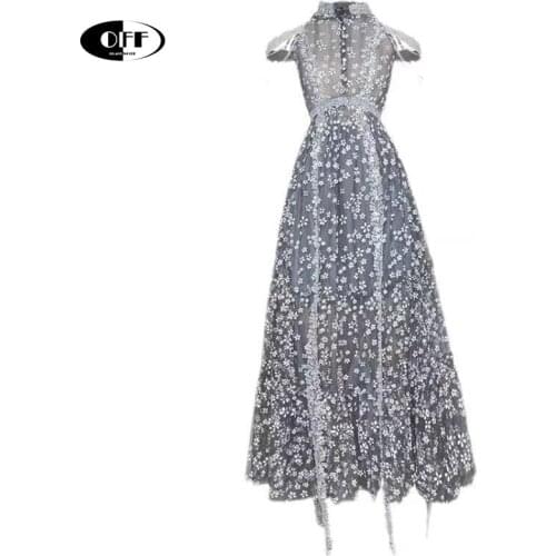 Designer Runway Embroidery Midi Dresses For Women Vintage Flower Sleeveless Fashion Ladies Party Evening Dress Festival Clothes
