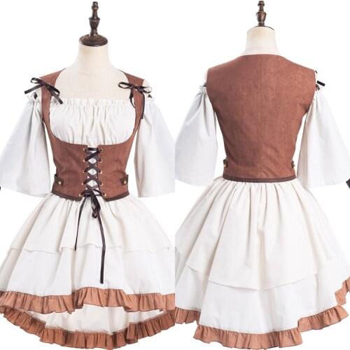 Women Vintage Medieval Short Sleeve Dresses Cosplay Costume Halloween Carnival Dress + Vest Suit