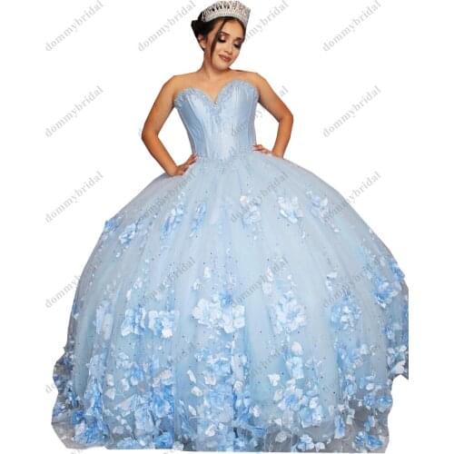 2021 Hot Sale Light Blue Pearls Floral Flowers Ball Gown Quinceanera Prom Graduation Dress Charro Mexican Sweet 15 16 Dresses