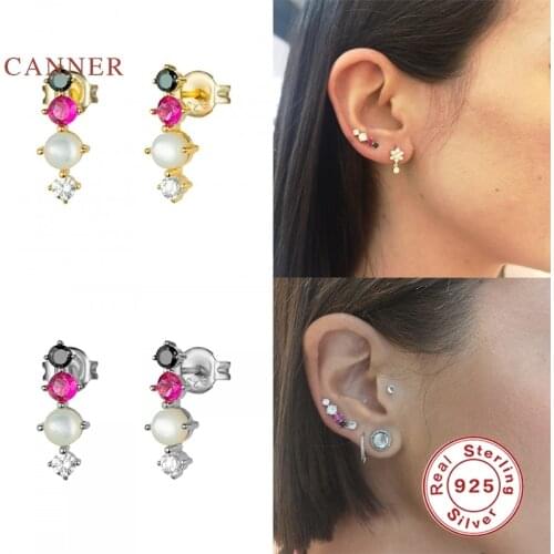 CANNER 925 Sterling Silver Earrings For Women Fancy Black Diamond Pearl Chain Piercing Stud Earrings Pendientes Plata Jewelry