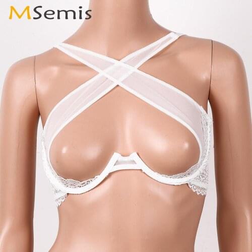 Women Hot Sheer Mesh Lingerie Sexy See Through Lace Trim Cupless Underwired Shelf Bra Erotic Crisscross Front Open Cups Bralette