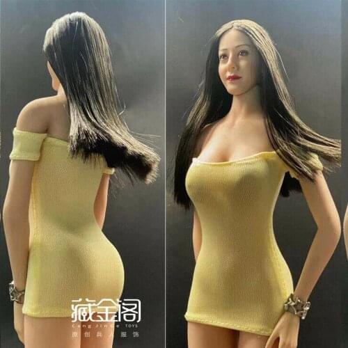 CJG-W035 1/6 Female Tight Dress Off -Shoulder Skinny Dress Clothes Yellow Color Clothes In Stock