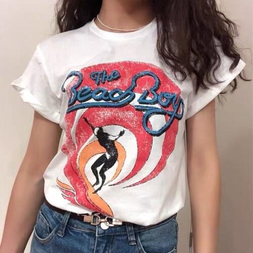 Calelinka America Fashion Surfing Vintage Printed Women Short Sleeve tshirt Plus Size Loose Round Neck Summer Aesthetic Tees