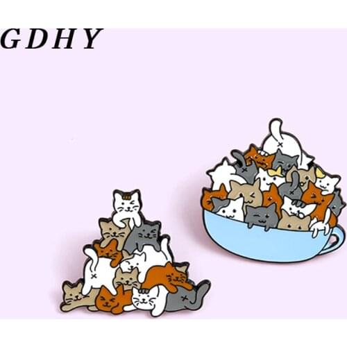GDHY Coffee Cup teacup Cats Kitty Enamel Pins Cat Cup Cartoon Animal Brooches Lapel Pin Badge Jewelry Gift for Friends Wholesale