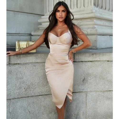 Hot Sale Women Summer Sexy Sleeveless Beige Split Mini Bodycon Dress 2021 Ladies Elegant Evening Party Club Dress Female Vestido