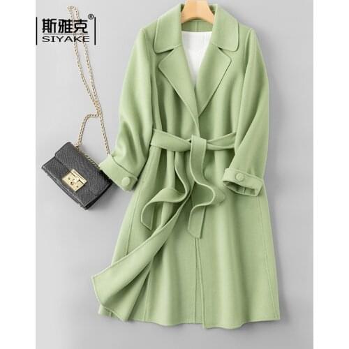Avocado Green Double-sided Cashmere Coat Womens 2021 New Popular High-end Mid Long Waist Thin Tweed Coat