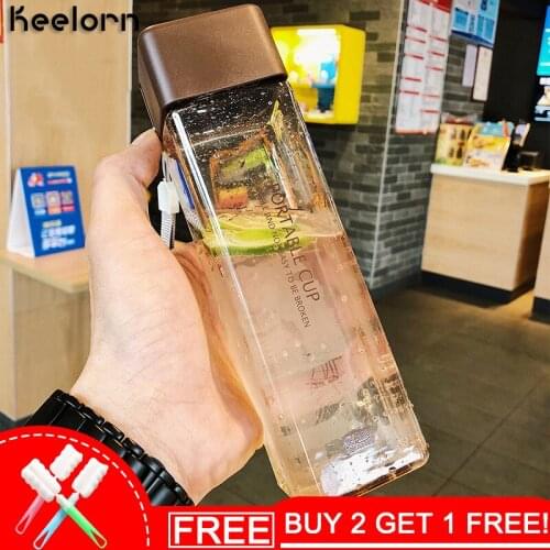 Keelorn 470ML Square Simple Water Bottle Portable Fall Resistant Plastic Personality Transparent Leakproof Cover Water Bottles
