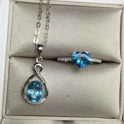 S925 sterling silver inlaid Blue Topaz Pendant Necklace heart ring set luxury jewelry【FS Jewelry