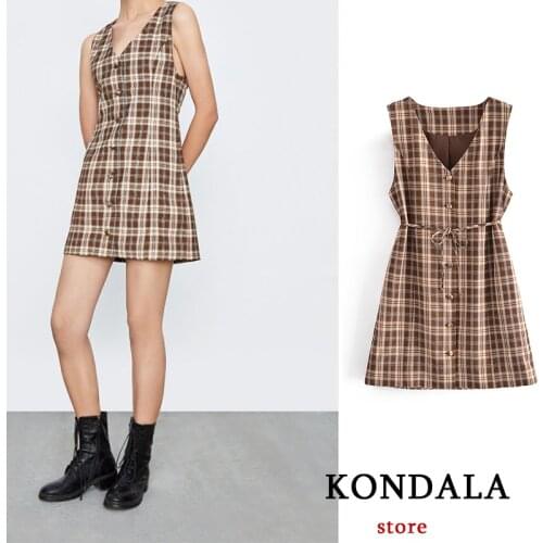 KONDALA Women Dress Za New 2021 Summer Vintage Check Lace V-Neck Sleeveless Chic Slim Mini Dresses Female Mujer Vestidos