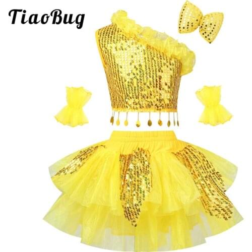 Kids Girl Belly Dance Oblique Shoulder Top Veil Skirt Costume Set Halloween Outfit with Hair Clip Cuffs Children Performance Set