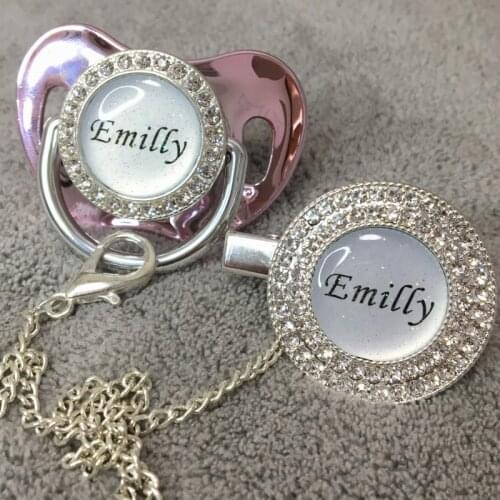 MIYOCAR custom glitter name photo gold pink bling pacifier and pacifier clip silver BPA free dummy bling glitter design P11-1-BG