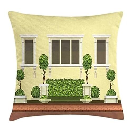 Pooizsdzzz Boxwood Hedge Throw Pillow Cushion Cover, Illuration of a Home Outdoor with Botanical Art Elements Topiary Decorative