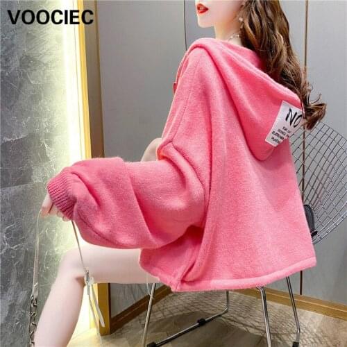 VOOCIEC Autumn winter keep warm Sweet Academic style Cardigan zipper casual loose sweater coat Hoodie sweater pink sweater