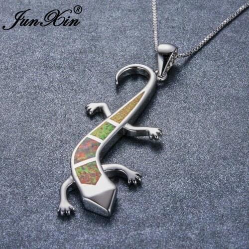 Cute Animal Lizard Pendant Blue White Fire Opal Necklaces For Women White Gold Rainbow Gecko Necklace Wedding Party Jewelry