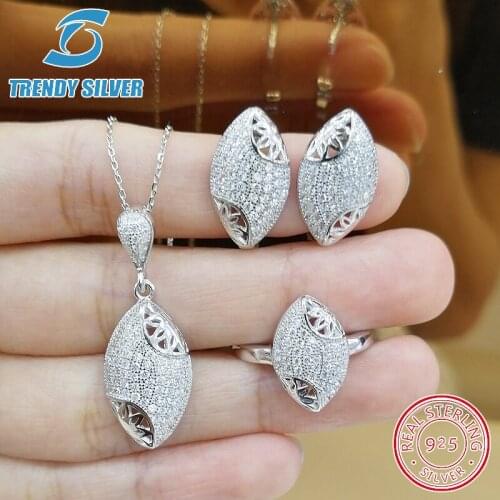 Complete pure 925 sterling silver zirconia clear CZ luxury jewelry set ring earrings for woman pendant necklace trendy design