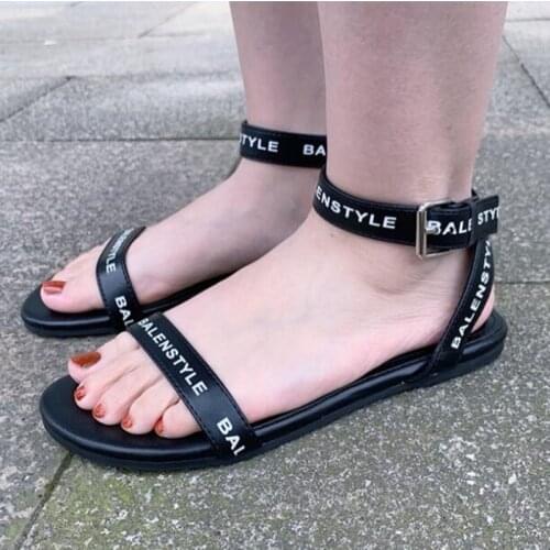 INS Fashion Black Flat Sandals Buckle Ankle Strap Sexy Summer Street Dress Shoes Sandalen Stylish Letter Printed Ladies Sandals