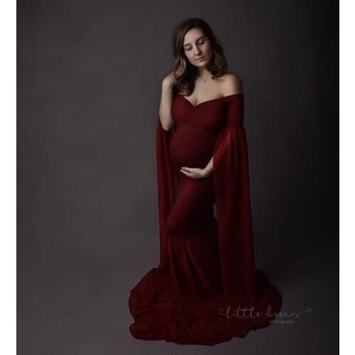 Chiffon Shoulderless Maternity Dresses For Photo Shoot Sexy Fancy Pregnancy Maxi Gown Ruffles Pregnant Women Photography Props