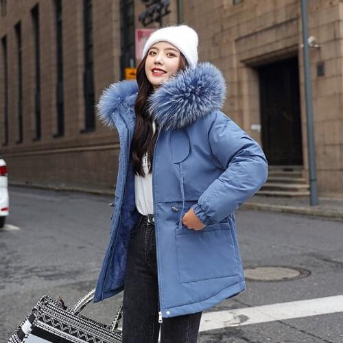 Womens Winter Jacket Slim Thick Fur Collar Long Parkas Woman Hooded Solid Plus Size Korean Style Cotton Padded Female Cold Coat