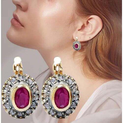 1 Pair Red Cubic Zirconia Women Earrings Oval Alloy Rhinestone Shiny Clip Earrings Wedding Jewelry drop shipping wholesale