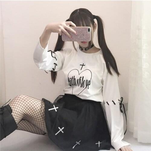 Gothic Soft Sister Summer Loving Heart Cross Printing Splice Removable Sleeve Short-Sleeved T-Shirt Tops + Skirt Two-Piece Suit