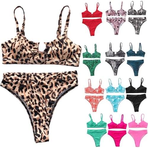 40GC Women Sexy 2 Piece Bikini Set Push Up Padded Metal O Ring Swimsuit Boho Leopard Snakeskin Print Cutout Brazilian Bathing