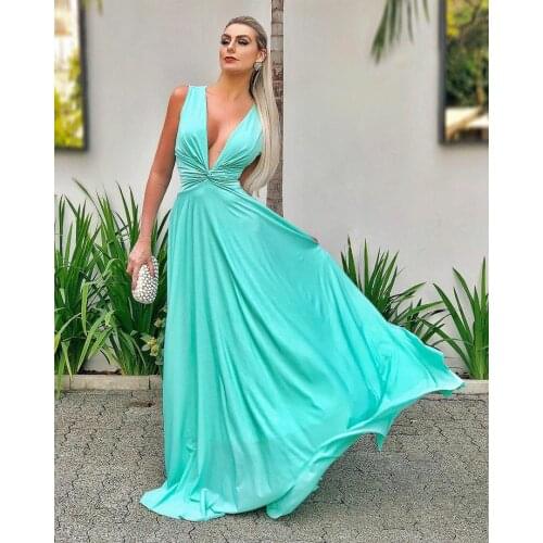 Elegant A-Line Long V-Neck Prom Dresses with Pockets Zipper Back Floor Length Pleated Satin Robe De Soiree Formal Party Gown