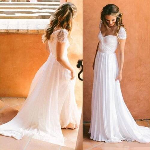 Robe de mariage 2020 White Chiffon Beach Wedding Dresses beads cap sleeve a line Bridal Wedding Dress For Weddng Party