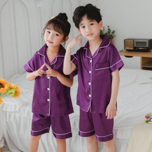 2020 new pure color silk short-sleeved pajamas set girls cartoon childrens home wear toddler boy pajamas pjs for kids